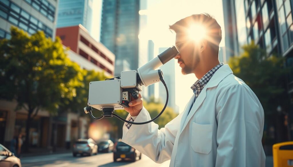 A professional aroma specialist, clad in a white lab coat, carefully examines the air quality in a bustling city street. Sunlight filters through the urban landscape, casting a warm glow that highlights the intricate details of the equipment they use to meticulously analyze the scents around them. In the background, a mix of modern architecture and lush greenery creates a visually striking contrast, symbolizing the delicate balance between industrialization and environmental preservation that the aroma specialist navigates. The scene conveys a sense of purpose, dedication, and the satisfaction of contributing to the well-being of the community through their specialized expertise.