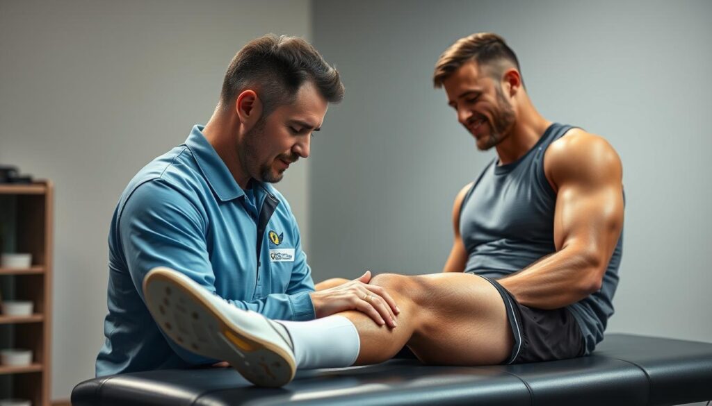 A professional athletic trainer carefully examining the injured leg of a professional athlete on an examination table, bright studio lighting casting soft shadows, the trainer's hands gently palpating the muscles and joints, a look of focused concentration on their face, the athlete's expression one of trust and patience, the scene conveying a sense of expert care and attentive treatment.