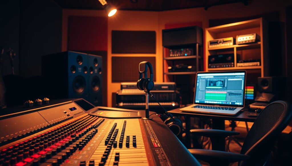 A professional audio engineer's workspace, bathed in warm studio lighting. In the foreground, a mixing console with dials, faders, and knobs; in the middle, a high-end microphone on a stand, headphones, and a laptop displaying music production software; in the background, sound-dampening panels and shelves filled with audio equipment. The scene conveys a sense of focus, creativity, and technical mastery, capturing the essence of the "sound creation career path" for the article's "two main routes" section.