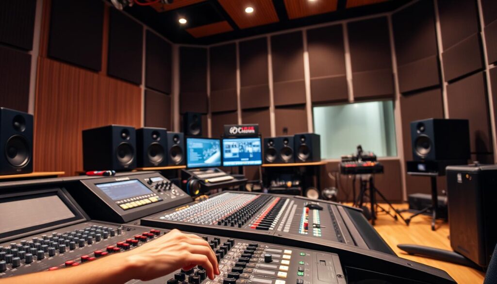 A professional audio mixer working diligently in a modern recording studio. The foreground features the mixer's hands carefully adjusting the knobs, faders, and buttons on a high-end mixing console. The middle ground shows the various speakers, monitors, and audio equipment surrounding the mixer, creating a complex and immersive audio environment. The background depicts the studio's acoustic-treated walls, giving a sense of the controlled, soundproof space. The lighting is a warm, focused illumination, highlighting the mixer's intense concentration and the technical precision of their work. The atmosphere conveys the mixer's role as a critical creative collaborator, shaping the final sound and mood of the recorded performance.