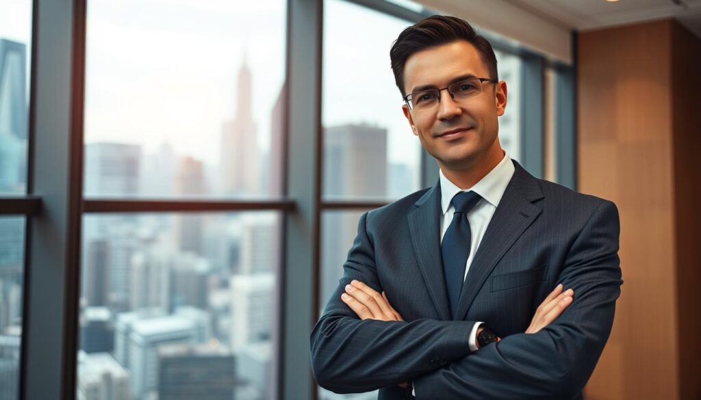 A professional business executive in a well-fitted suit, standing confidently in a modern office setting. The lighting is bright and even, with a hint of warm tones to create a sense of professionalism and success. The background features a large window overlooking a bustling city skyline, symbolizing the potential for growth and advancement. The executive's posture and expression convey a sense of determination and focus, suggesting strategies for increasing one's income and career trajectory. The overall scene evokes a sense of aspiration and the possibility of achieving financial stability and career progression.
