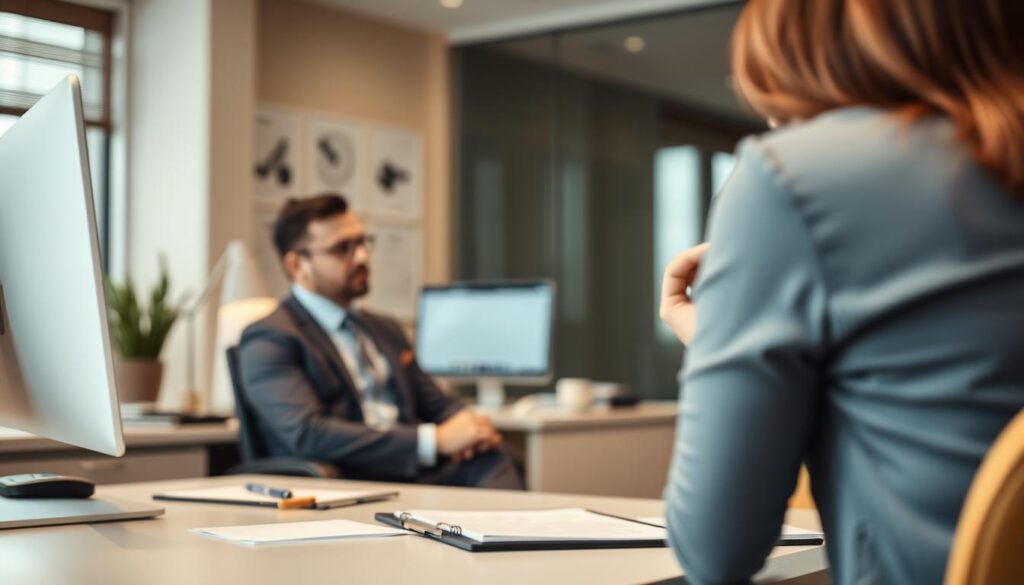 A professional business office interior with a desk, computer, and stationery. In the foreground, a manager sits at the desk, engaged in a serious discussion with a job candidate. The lighting is soft and warm, creating a focused, contemplative atmosphere. The background is slightly blurred, emphasizing the importance of the conversation. The scene captures the essence of a reference check, with the manager asking thoughtful questions to assess the candidate's qualifications and character. The overall mood is one of careful consideration and discretion, reflecting the delicate nature of the process.