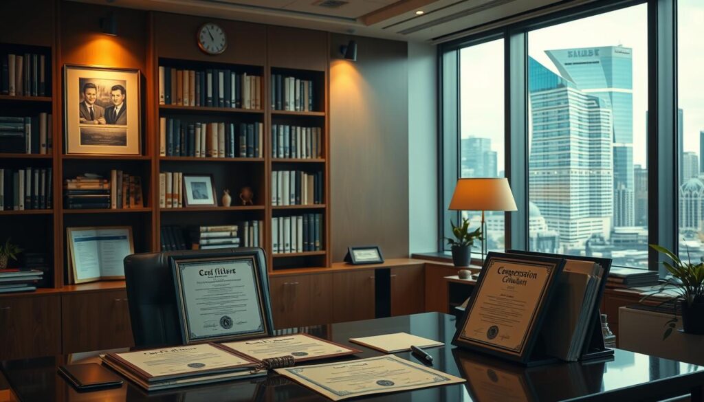 A professional business office setting, bathed in warm, focused lighting. In the foreground, a desk prominently displays certificates, diplomas, and other official documents, representing the educational and professional qualifications of a compensation consultant. In the middle ground, a bookshelf filled with reference materials and industry publications, conveying the depth of knowledge required for the role. In the background, a large window overlooking a bustling city skyline, symbolizing the broader context and impact of the consultant's work. The overall atmosphere is one of authority, expertise, and the dedication necessary to succeed in this specialized field.
