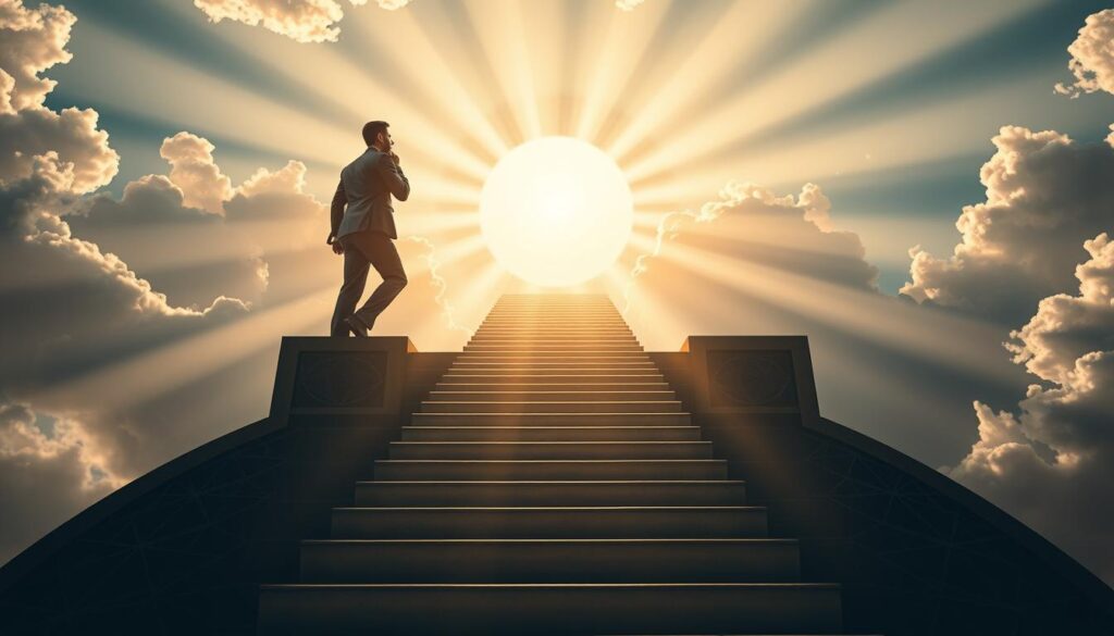 A professional business person confidently ascending a stylized staircase towards a glowing sun, symbolizing their career advancement strategy. The staircase is surrounded by intricate geometric patterns, creating a dynamic and aspirational atmosphere. The lighting is dramatic, with beams of light piercing through clouds and casting long shadows. The overall composition conveys a sense of determination, growth, and the pursuit of success. The scene is captured from a low angle, emphasizing the subject's determination and ambition.