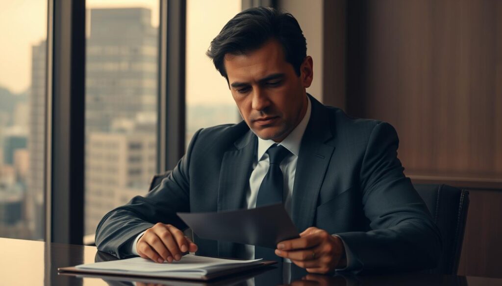 A professional business person, dressed in a formal suit, is sitting at a desk, their expression somber and thoughtful. The lighting is warm and slightly muted, creating a contemplative atmosphere. In the background, a window overlooks a cityscape, hinting at the weight of the decision being made. The person's posture conveys a sense of polite but firm resolve, as they draft a letter or email to inform a former employer of their decision to decline the job offer. The scene evokes the care and consideration required when navigating the delicate process of withdrawing from a job opportunity after acceptance.