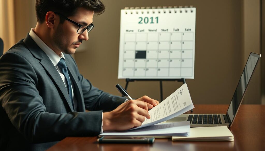 A professional business person dressed in a suit, sitting at a desk with a laptop and papers, carefully reviewing and signing resignation documents. Behind them, a calendar prominently displays an adjustable start date for a new position. The lighting is warm and focused, creating a contemplative atmosphere as the person meticulously coordinates their transition between jobs. The scene conveys the thoughtful process of resigning from one role while optimizing the start date for the next opportunity.