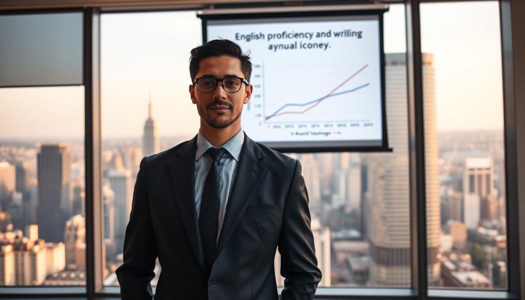 A professional business person, immaculately dressed in a sharp suit, stands in a well-lit office, overlooking a bustling city skyline through expansive floor-to-ceiling windows. The figure's confident stance and calm expression convey a sense of authority and expertise. Behind them, a projection screen displays a chart illustrating the positive correlation between English proficiency and annual income, emphasizing the importance of language skills in the corporate world. The scene is captured with a mid-range, slightly elevated camera angle, creating a sense of aspiration and attainability. The overall mood is one of success, opportunity, and the tangible benefits of language mastery.