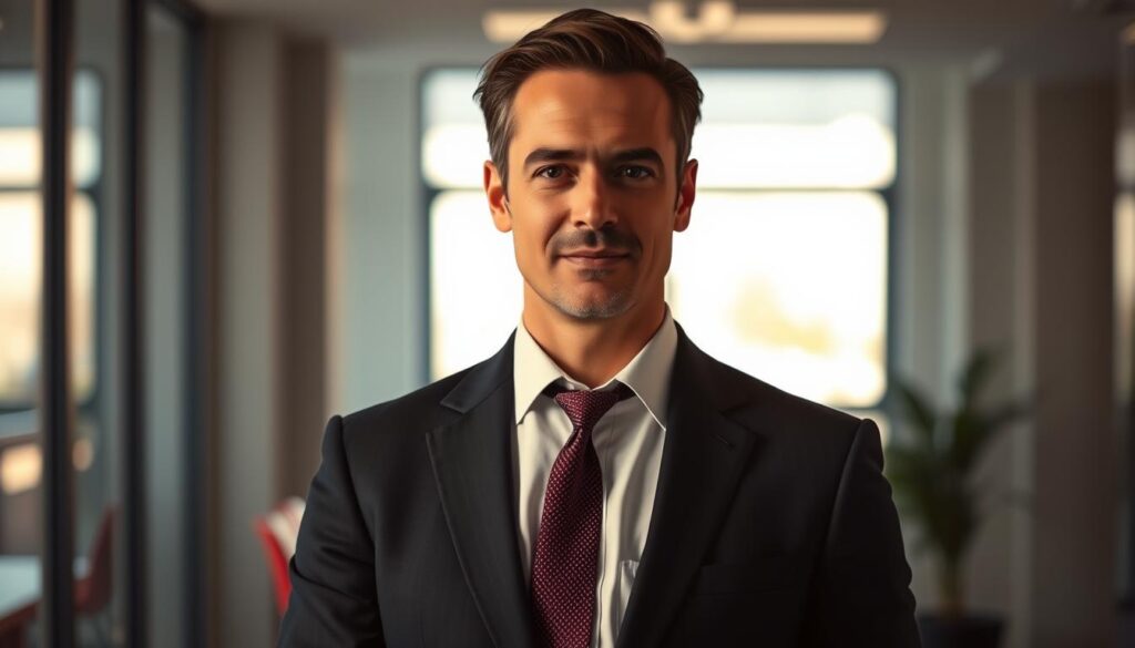 A professional business person in a formal suit, standing confidently in a modern office setting. The lighting is warm and directional, creating dramatic shadows that accentuate the subject's features. The background is blurred, keeping the focus on the person's face and upper body. They have a determined yet approachable expression, conveying the idea of preparing for a job interview with poise and composure. The overall mood is one of confidence, professionalism, and a sense of readiness to tackle the challenges of a career transition in one's 30s.