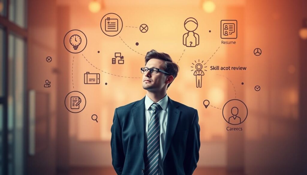 A professional business person in a suit and tie, standing in a thoughtful pose, surrounded by floating icons and symbols representing the key challenges and considerations of a career transition - time management, networking, skill assessment, resume review, interview preparation. The scene is bathed in a soft, warm light, creating a contemplative atmosphere, with a blurred, abstract background hinting at the complexity of the career change process.