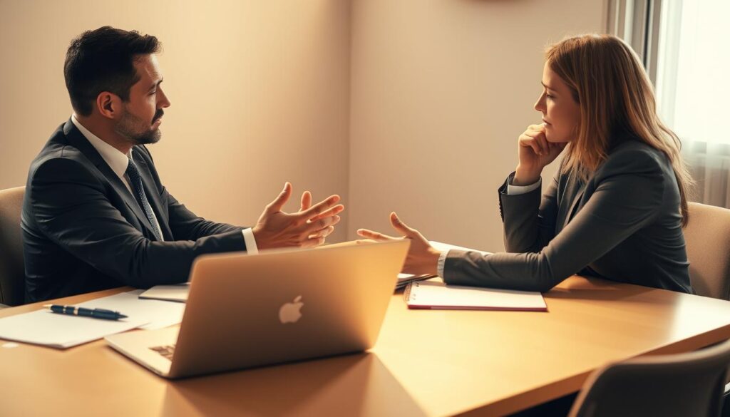 A professional business person in a suit sitting at a desk, engaged in an intense discussion with a potential employer. The scene is lit by a warm, soft light, creating a sense of focus and importance. The desk is organized, with a laptop, pen, and notebook, suggesting a formal negotiation. The background is blurred, keeping the attention on the two figures. Their body language and facial expressions convey a sense of negotiation, with one person appearing more assertive and the other more thoughtful. The overall atmosphere is one of a high-stakes, career-defining conversation.