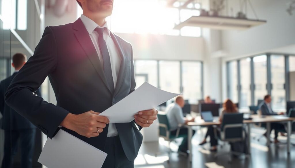 A professional business person in a suit stands confidently in a modern office, papers in hand, ready to embark on a new career path. Sunlight streams through floor-to-ceiling windows, casting a warm glow on the scene. The spacious, minimalist workspace is filled with the hum of activity as colleagues collaborate around sleek desks. A sense of momentum and opportunity permeates the atmosphere, reflecting the exciting transition from a corporate career to a dynamic role in the talent recruitment industry.
