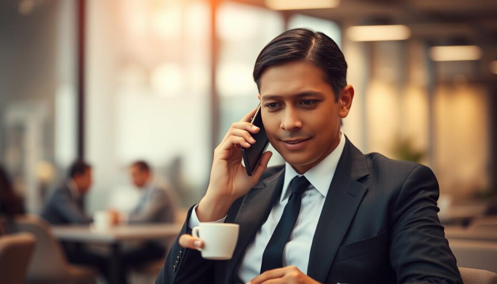 A professional business person in formal attire discreetly making a phone call during a coffee break, surrounded by a blurred office environment. Soft, flattering lighting emphasizes their focused expression. The scene conveys a sense of careful, measured communication amidst the hustle of a career transition.
