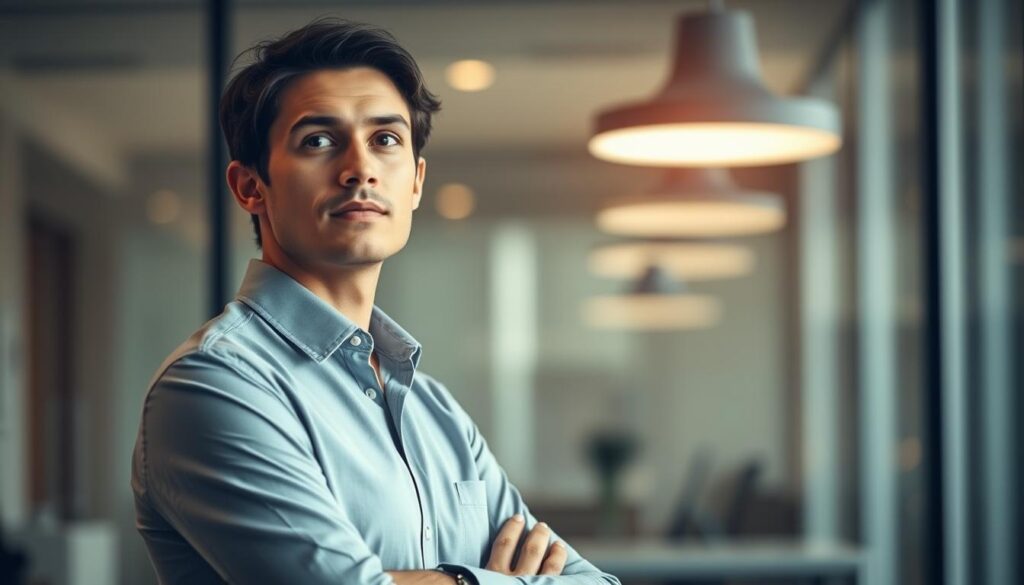 A professional business person in their 30s, standing confidently in a modern office setting. The lighting is warm and focused, drawing attention to the individual's thoughtful expression as they contemplate their next career move. The background is blurred, emphasizing the subject's focus and determination. The composition is balanced, with the person positioned off-center, creating a sense of dynamic energy. The scene conveys a mood of purposeful introspection, suggesting the careful planning and strategic thinking required to navigate a successful job transition in one's 30s.