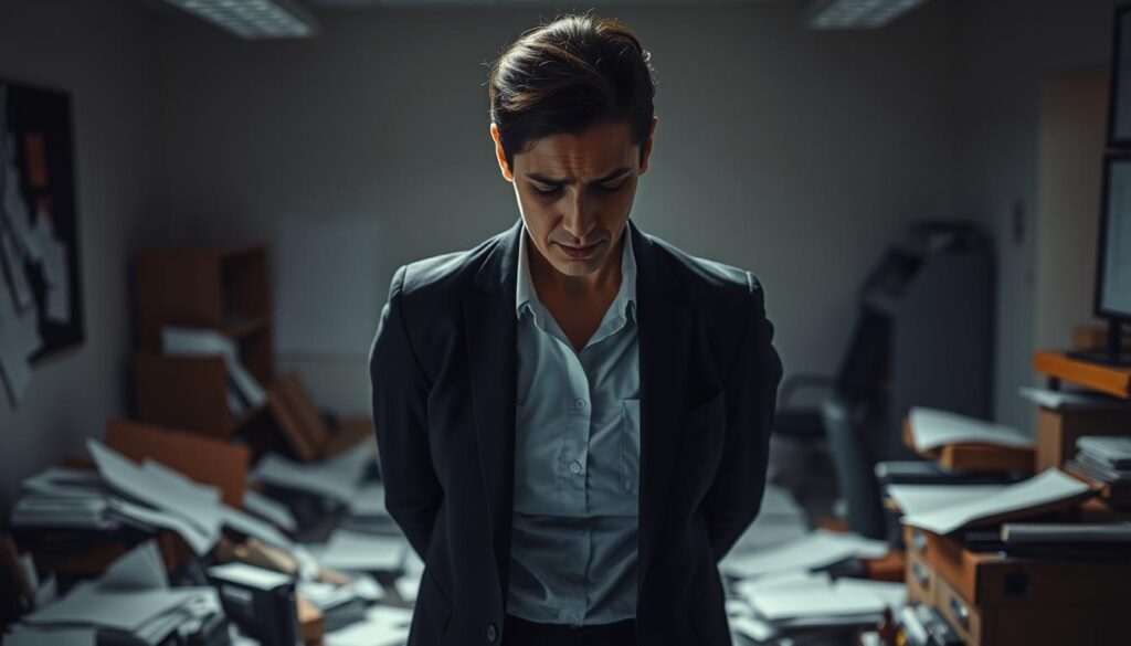 A professional business person, looking dejected and discouraged, stands in a dimly lit office setting. Their shoulders are slumped, and their expression conveys a sense of failure and regret. The background is cluttered with discarded papers and overturned office supplies, symbolizing the chaos and difficulty of the "boomerang" career transition they have experienced. Soft, dramatic lighting casts shadows that accentuate the subject's troubled emotions. The overall scene evokes a somber, introspective mood, hinting at the personal and professional challenges that can arise from an unsuccessful return to a previous employer.