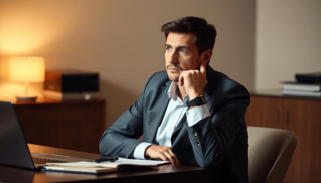 A professional business person sitting at a desk, contemplating how to discuss their recent leave of absence with a potential employer. The lighting is soft and warm, creating a thoughtful atmosphere. The desk is neatly organized, with a laptop, pen, and notebook visible. The person's facial expression is serious, yet calm, indicating they are carefully considering their words. The background is blurred, placing the focus on the individual and their internal thought process. The overall scene conveys a sense of professionalism, honesty, and preparation as the person prepares to have an important conversation.