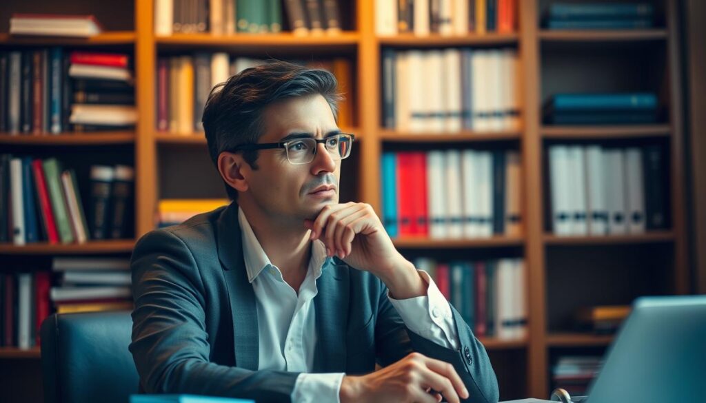 A professional business person sitting at a desk, deep in thought, considering their options for a career change. The scene is bathed in warm, soft lighting, creating a contemplative atmosphere. In the background, a bookshelf filled with career guides and resources, hinting at the research and preparation involved in choosing the right recruitment agency. The subject's expression is focused, suggesting the gravity of the decision they are grappling with. The overall composition conveys the importance of carefully selecting a trusted employment agent when making a significant career transition.