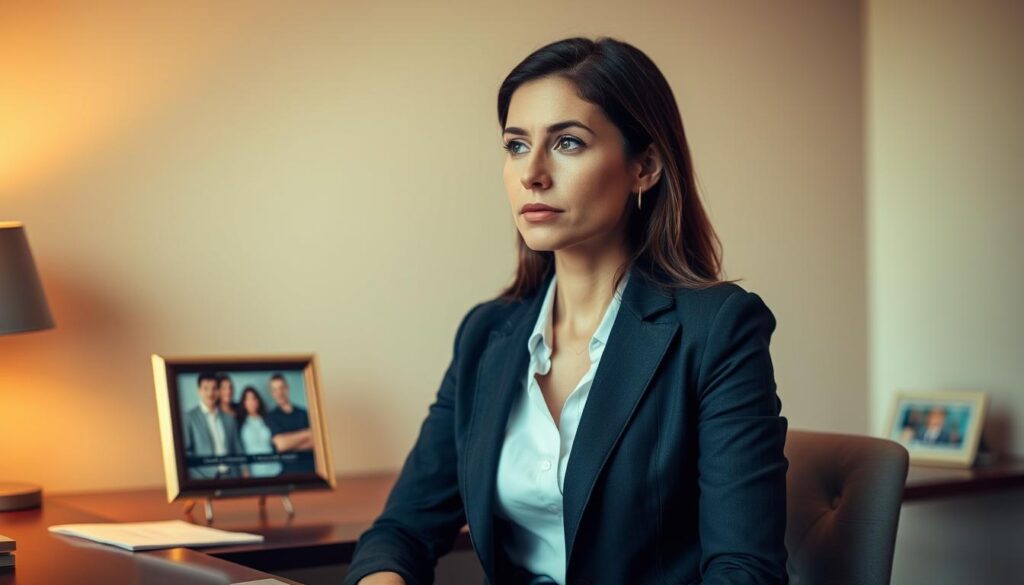 A professional businesswoman in a stylish suit sits at a desk, contemplating her next move. The warm, softly lit office setting conveys a sense of calm and introspection. In the background, a family photo sits on the desk, hinting at the personal obligations weighing on her mind. The woman's expression is one of quiet determination, as she navigates the challenge of reconciling her professional commitments with her domestic responsibilities. The overall scene reflects the delicate balance required when adjusting a start date due to family circumstances.