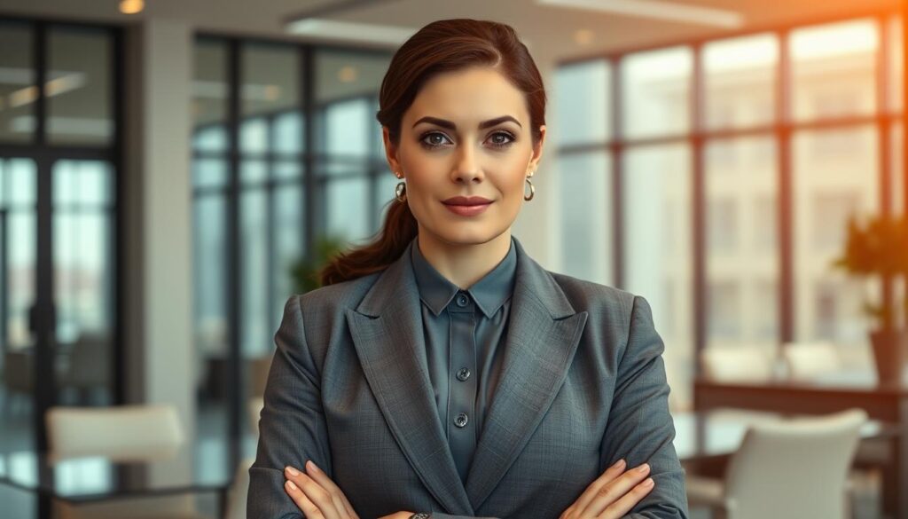 A professional businesswoman in a tailored gray suit stands confidently, her gaze determined. Behind her, a modern office interior with sleek furniture and large windows fills the frame. Warm, diffused lighting highlights her strong presence, conveying a sense of authority and competence. The composition emphasizes her role as a successful bureaucrat, representing the increasing presence of women in high-ranking government and corporate positions. The atmosphere is one of progress, professionalism, and the breaking down of traditional gender barriers in the workplace.