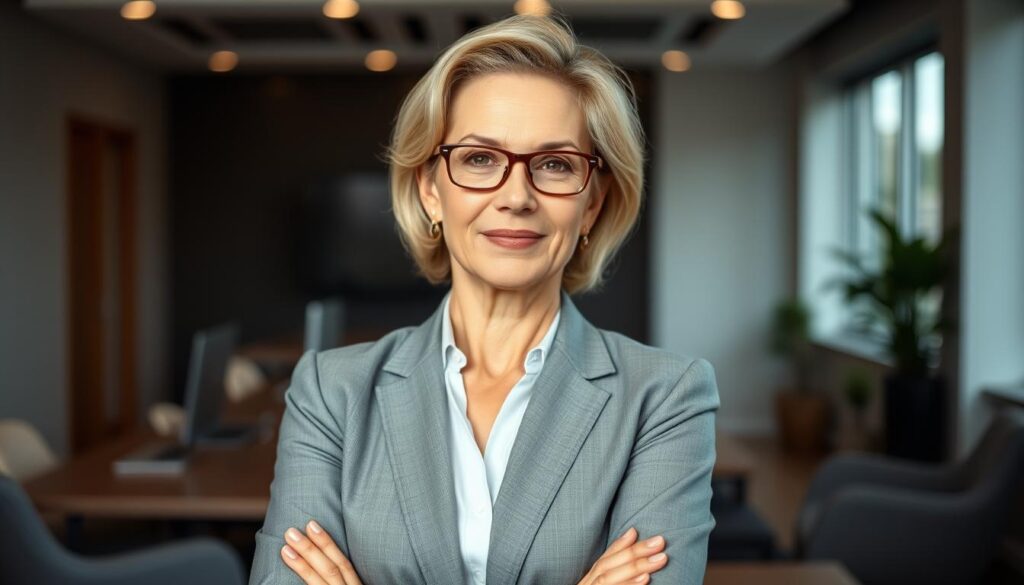 A professional businesswoman in her 50s stands confidently, radiating an air of adaptability and eagerness to learn. Soft lighting gently illuminates her face, emphasizing her attentive expression. In the background, a modern office setting with sleek furnishings and muted tones creates a sense of sophistication. The woman's posture is upright and her gaze is direct, conveying her willingness to take on new challenges. The overall mood is one of poise, resilience, and a genuine passion for growth and development.