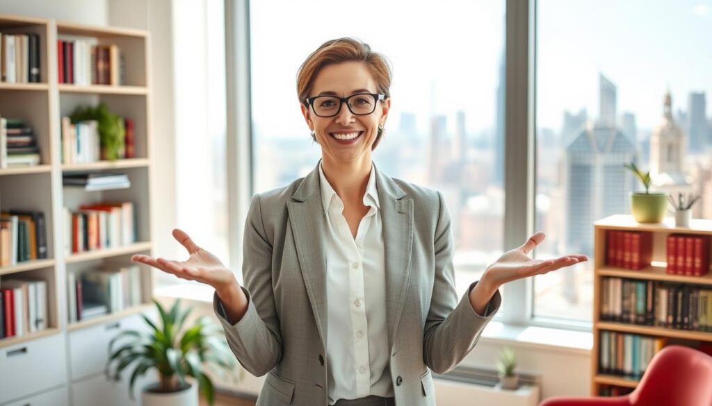A professional career counselor with a warm, approachable demeanor stands in a light-filled office, gesturing with an open, inviting posture. Behind them, a bookshelf overflows with resources, and a large window offers a view of a bustling city skyline. The agent's attire is neatly tailored, conveying a sense of professionalism and experience. The scene radiates a calm, reassuring atmosphere, well-suited to guiding a mid-career professional through the challenges of a job transition.