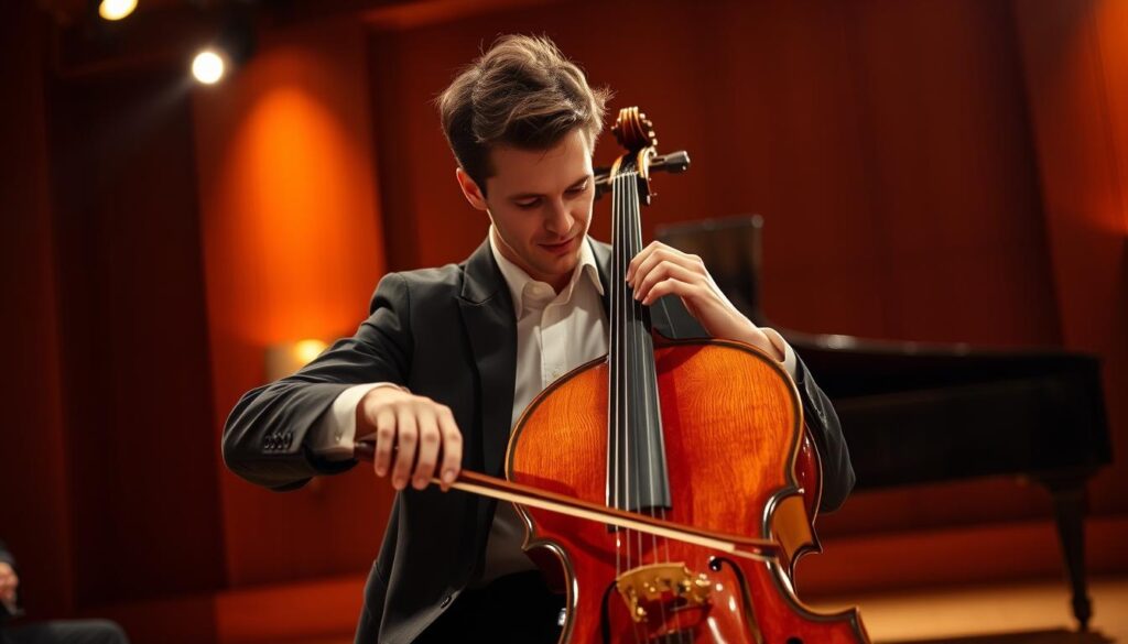 A professional cellist performing on stage under warm, dramatic lighting. The musician is deeply focused, hands expertly maneuvering the bow across the cello strings, creating a rich, resonant sound. The stage is set with a grand piano in the background, hinting at a chamber music performance or solo recital. The cellist's posture is upright and graceful, showcasing the technical mastery and artistry required for the job. The overall atmosphere is one of poise, concentration, and the power of live classical music.