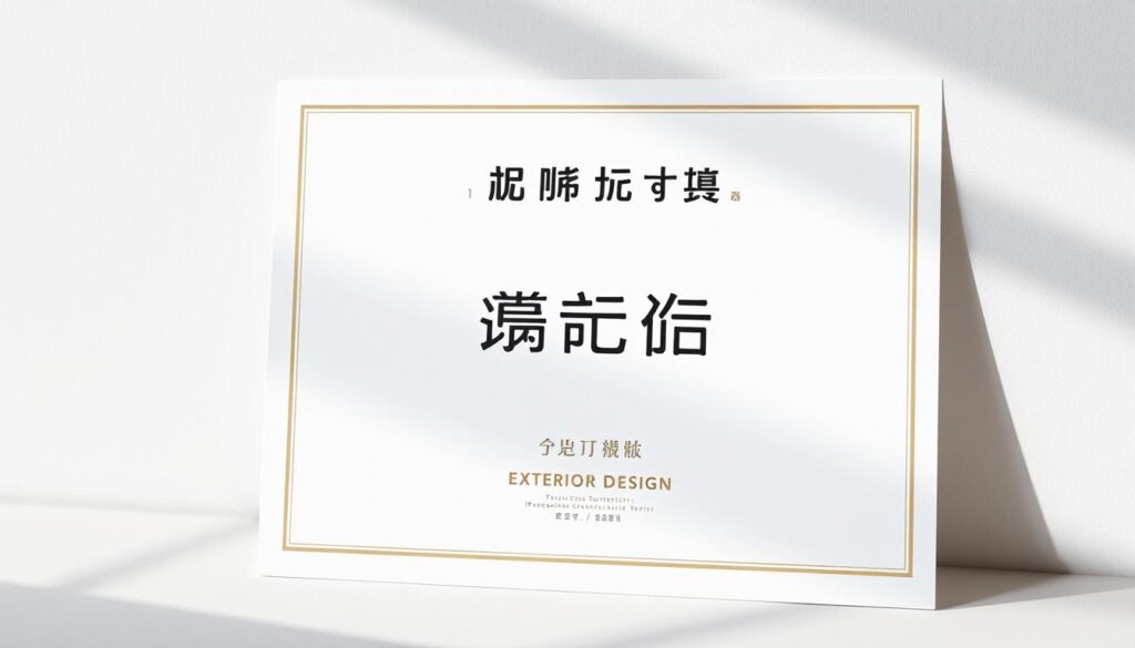 A professional certification in exterior design, featuring a clean, modern aesthetic. A sleek, minimalist certificate with a subtle textured background, prominently displaying the title "エクステリアデザインの資格" in a bold, sans-serif typeface. The certificate is set against a soft, neutral-toned environment, with natural lighting casting gentle shadows and highlights to convey a sense of prestige and accomplishment. The overall composition is balanced and visually appealing, emphasizing the significance of this specialized credential.