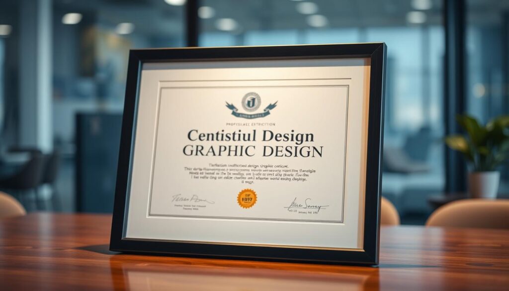 A professional certification in graphic design, prominently displayed on a polished wooden desk. The certificate is framed in a sleek, minimalist design, reflecting the precision and attention to detail inherent in the field. Soft, directional lighting illuminates the document, casting a warm glow and emphasizing its significance. In the background, a blurred cityscape or office setting suggests the real-world application and value of this credential. The overall atmosphere conveys a sense of accomplishment, expertise, and the prestige associated with this specialized qualification.