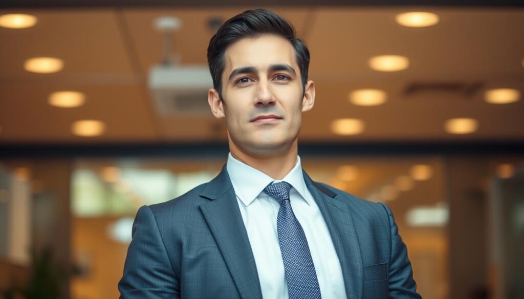 A professional, clean-cut 30-something business person standing confidently against a warm, blurred office backdrop, dressed in a well-tailored suit and tie. The figure's expression conveys determination and ambition, their body language suggesting a sense of purpose and drive. Soft, directional lighting accentuates the subject's features, creating a sense of focus and importance. The image has a polished, aspirational feel, reflecting the transition and growth associated with a mid-career job change.