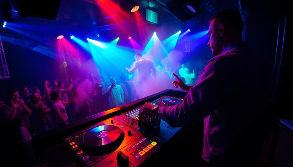 A professional club DJ in a dimly lit booth, illuminated by colorful, pulsing lights, intently focused on the turntables and mixing console, effortlessly blending tracks to create a captivating electronic dance music experience for the energetic crowd on the dancefloor below. The DJ's hands deftly manipulate the equipment, their body swaying to the rhythm, as they expertly read the room and curate the musical atmosphere. A haze of smoke, the thump of the bass, and the excited cheers of the partygoers create an immersive, high-energy atmosphere befitting the work of a skilled club DJ.