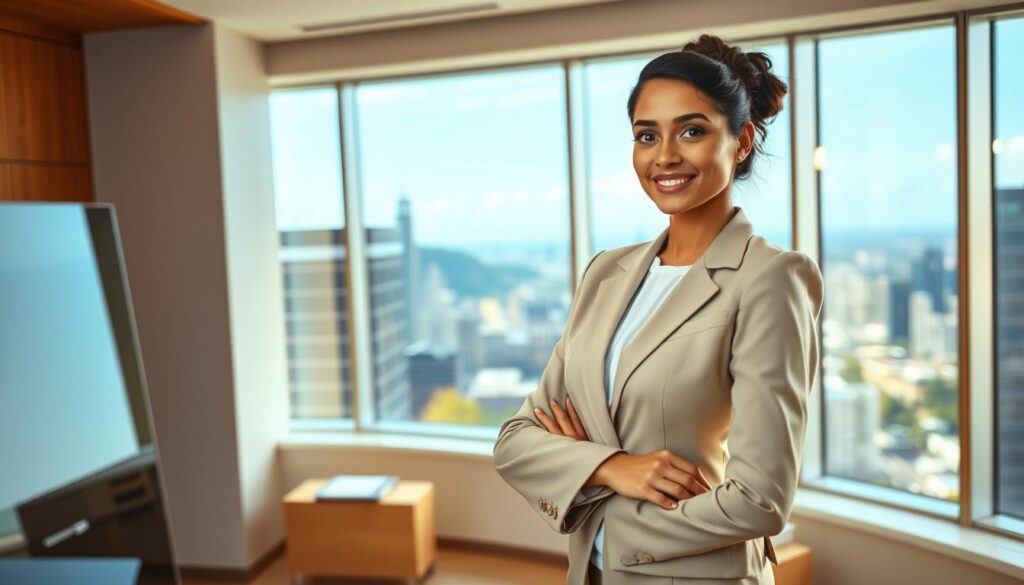 A professional, competent, and ambitious female secretary stands confidently in a modern, well-lit office. She is dressed in a crisp, tailored suit, exuding an air of authority and poise. Behind her, a panoramic window offers a breathtaking cityscape, hinting at the boundless opportunities and growth potential of her career. The lighting is warm and flattering, highlighting her focused expression and the gleam of her neatly organized desk. The scene conveys a sense of forward momentum, underscoring the secretary's bright future and the vital role she plays in shaping the success of the organization.