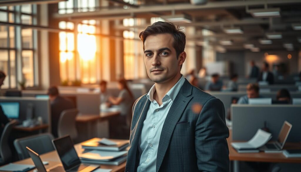 A professional consultant in a crisp suit stands amidst a bustling office, papers and laptops scattered on the desk. Warm lighting filters through tall windows, casting a pensive glow. In the background, colleagues collaborate at cubicles, hinting at the dynamic transition from IT to the strategic world of consulting. The consultant's gaze is focused, conveying the challenges and opportunities of adapting one's skillset to a new industry. Hints of the consultant's former tech identity remain, creating a sense of personal growth and evolution. A sense of anticipation and possibility permeates the scene, reflecting the risks and rewards of charting a new career path.