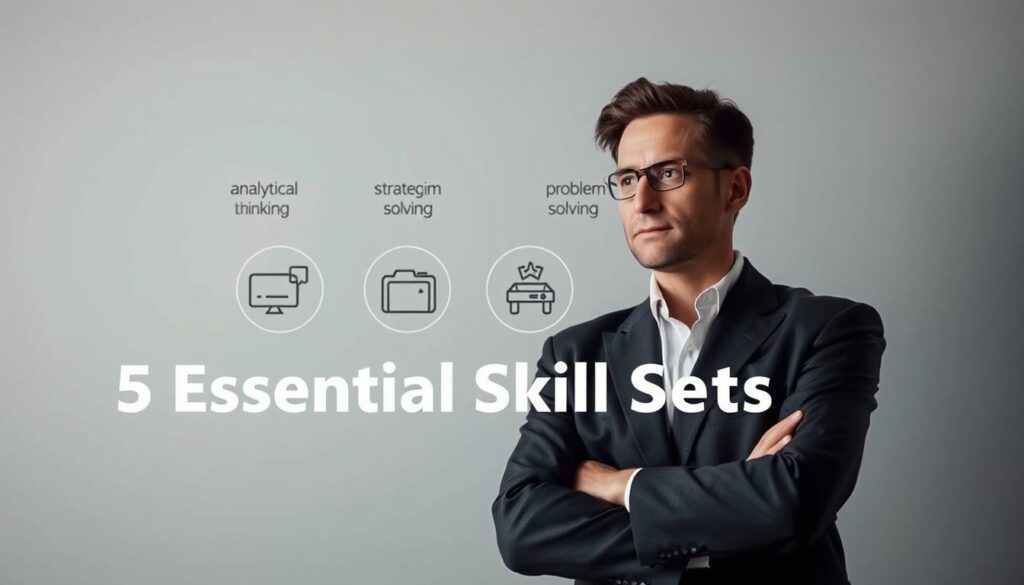 A professional consultant stands confidently, surrounded by a conceptual illustration of the "5 Essential Skill Sets" required for their role. The foreground depicts the consultant in a pensive pose, their attire and posture conveying a sense of expertise and authority. In the middle ground, five distinct icons or symbols represent key skills such as analytical thinking, strategic planning, problem-solving, communication, and adaptability. The background features a clean, minimalist design with muted tones, allowing the central elements to take center stage. The lighting is soft and directional, creating subtle shadows and highlighting the consultant's confident expression. The overall mood is one of professionalism, competence, and the intellectual prowess required for a successful consulting career.