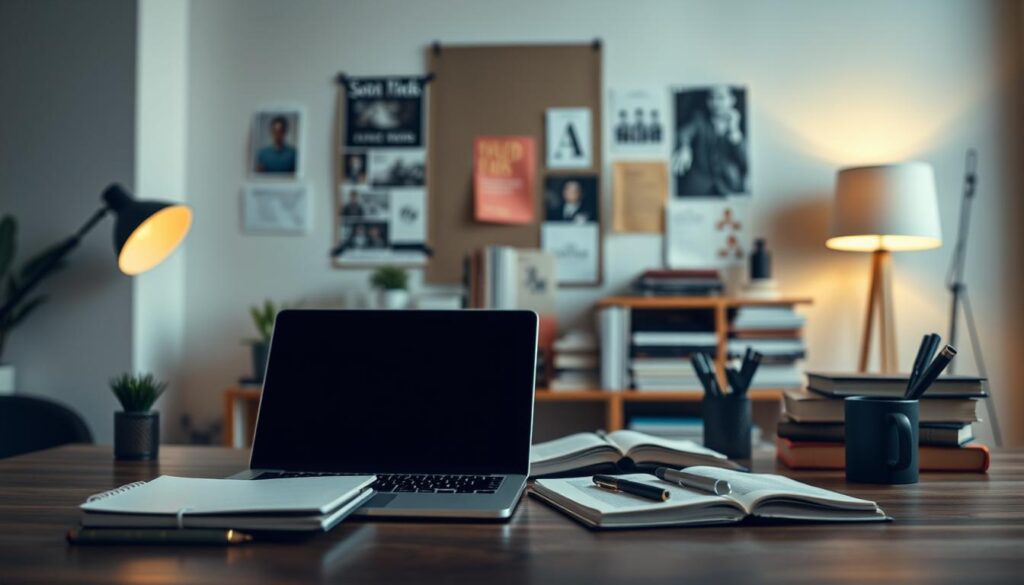 A professional copywriter's skillset, showcased in a sleek, modern composition. In the foreground, a well-organized workspace with a laptop, notebook, and various writing implements arranged neatly. Soft, directional lighting illuminates the scene, creating a sense of focus and productivity. In the middle ground, various reference materials and inspirational elements, such as books, magazines, and mood boards, convey the depth of knowledge and creativity required. The background features a minimalist, warm-toned environment, perhaps an office or a cozy home setting, emphasizing the intellectual and thoughtful nature of the copywriting profession. The overall atmosphere is one of refined professionalism, attention to detail, and the pursuit of effective communication.