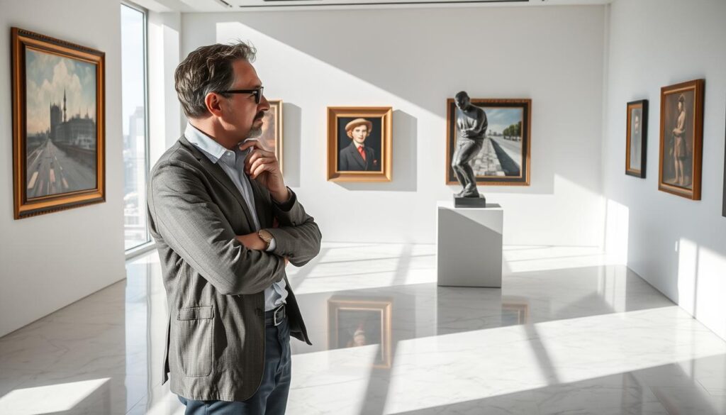 A professional curator standing in a well-lit, modern art gallery. In the foreground, the curator examines a contemporary sculpture with an analytical gaze, hand on chin in deep contemplation. Soft shadows fall across the polished marble floors. In the middle ground, framed paintings hang on pristine white walls, creating a serene, minimalist atmosphere. The background features large windows overlooking a bustling city skyline, hinting at the curator's broad cultural knowledge and connections. The overall scene conveys the curator's keen eye for detail, expertise in art history, and ability to contextualize works within a wider artistic landscape.