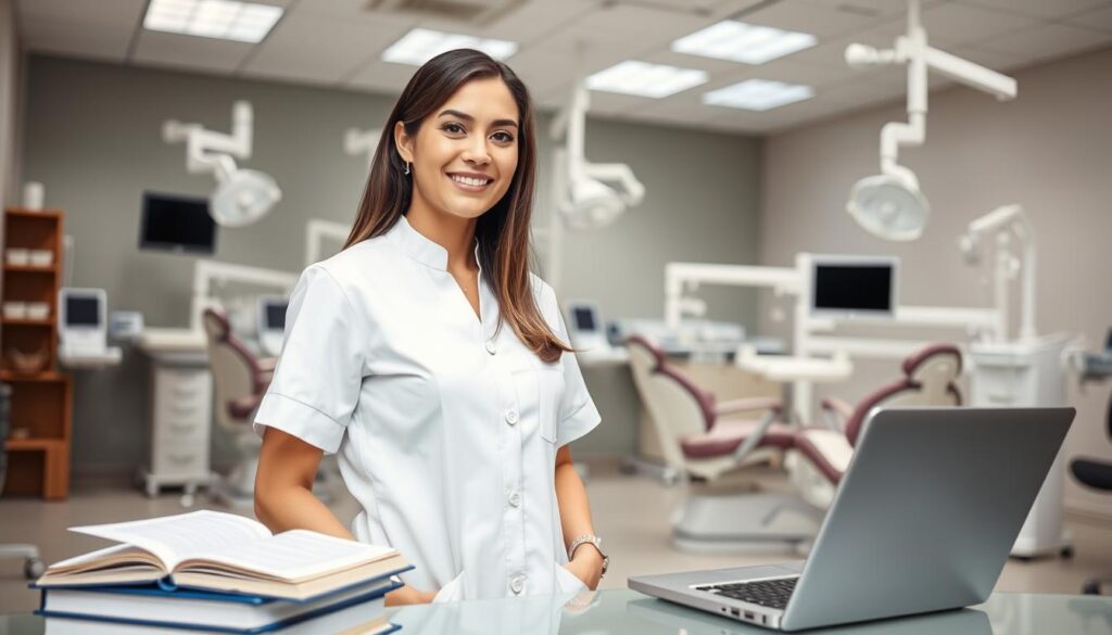 A professional dental hygienist stands in a well-lit, modern dental clinic, wearing a crisp white uniform. Behind them, an array of medical equipment and dental chairs can be seen, conveying the technical and clinical nature of the work. In the foreground, a textbook and a laptop computer suggest the educational and training process required to earn the necessary credentials. The scene is captured with a medium-wide angle lens, creating a sense of depth and context. The overall mood is one of professionalism, expertise, and the meticulous attention to detail that is essential in the dental healthcare field.