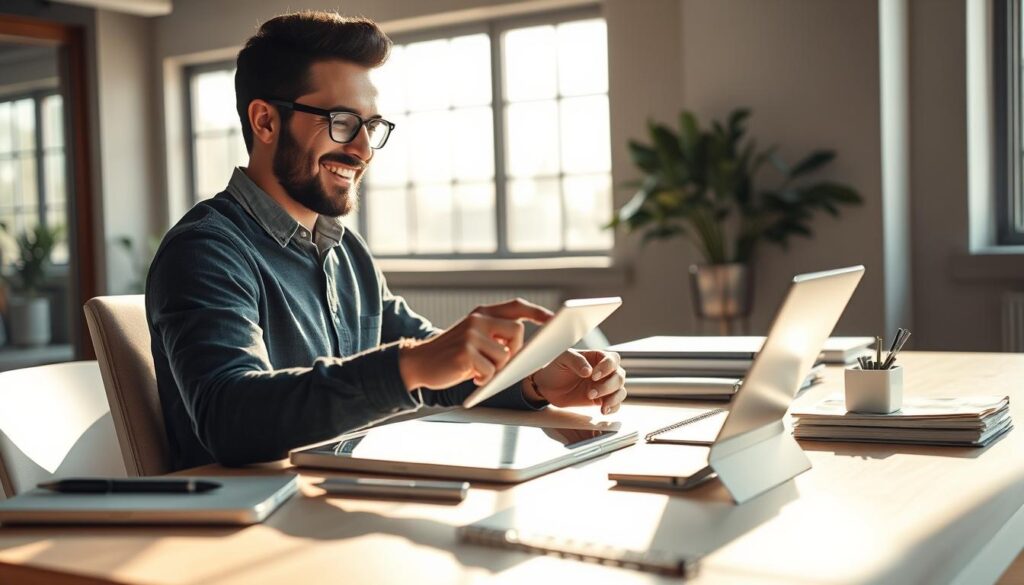 A professional designer at work, immersed in a state of creative flow. Sitting at a sleek, minimalist desk, surrounded by a tasteful arrangement of design tools and inspiration materials. Sunlight filters through large windows, casting a warm, diffused glow over the scene. The designer's expression is one of intense focus and joy, fingers dancing across a digital tablet as they bring their vision to life. The composition emphasizes the designer's sense of achievement, with a subtle halo of light highlighting their work. Muted tones of greys, whites, and warm wood tones create a serene, refined atmosphere. This is the embodiment of the creative fulfillment that defines the life of an editorial designer.