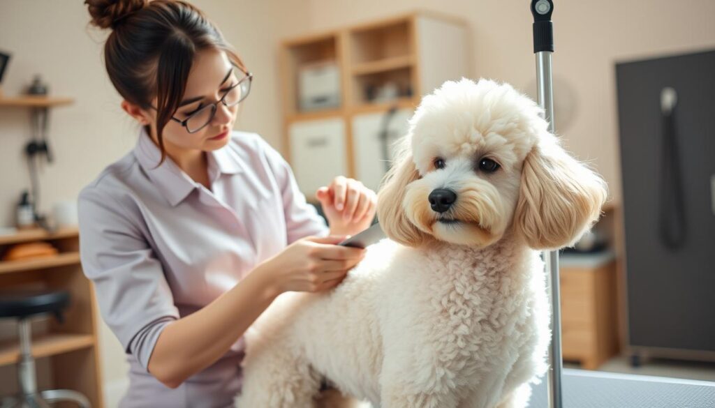 A professional dog groomer expertly trimming the fur of a fluffy poodle in a well-equipped salon. Soft, natural lighting illuminates the serene scene as the groomer, dressed in a tidy uniform, carefully grooms the dog with focused attention. The background features modern grooming equipment and a calming pastel color palette, conveying the tranquil atmosphere of a day in the life of a skilled, dedicated dog groomer.