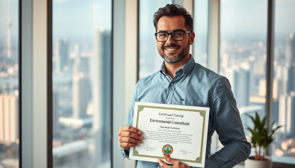 A professional environmental consultant standing confidently, holding a certificate representing their accredited qualifications. The scene is set in a modern office interior, with floor-to-ceiling windows overlooking a bustling cityscape. Warm, directional lighting illuminates the consultant's confident expression, highlighting their expertise and dedication to their field. The composition emphasizes the importance of specialized training and certification, conveying the value of environmental consulting as a respected and impactful career path.