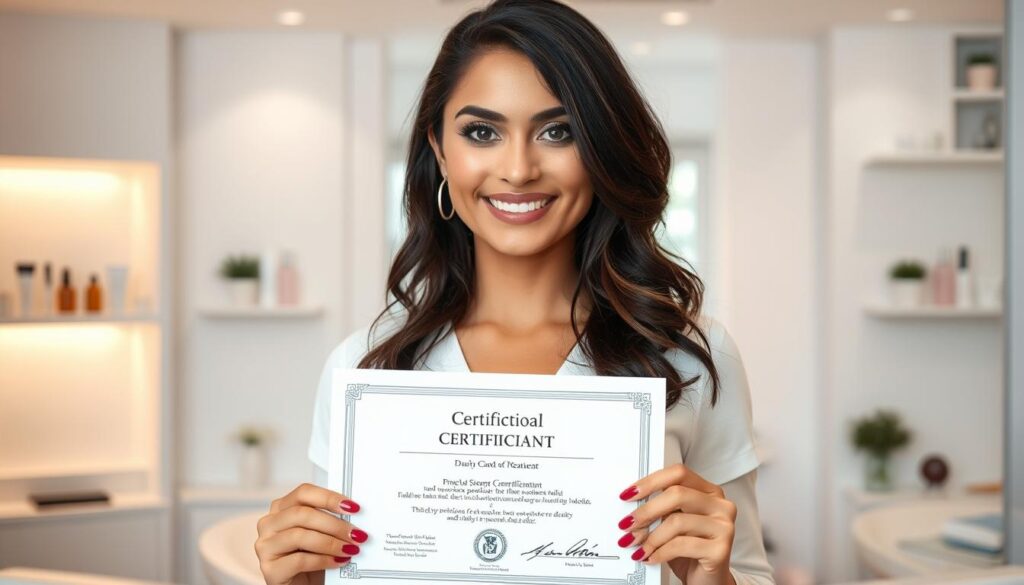 A professional esthetician holding a certificate in her hands, standing in a serene, well-lit salon. The certificate is prominently displayed, highlighting the accomplishment of acquiring the necessary qualifications to perform skin care treatments. The background features clean, modern decor with minimalist shelving displaying various beauty products. Soft, diffused lighting creates a calming, spa-like atmosphere, emphasizing the expertise and professionalism of the esthetician. The image conveys the importance of proper certification and training for providing high-quality skin care services.