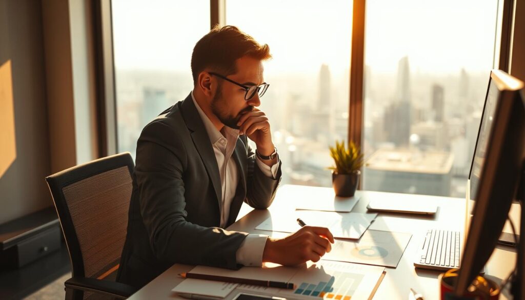 A professional executive producer diligently works at their desk, solving complex problems and overcoming challenges. Warm, directional lighting casts dramatic shadows, highlighting their focused expression. In the background, a large window offers a panoramic city skyline, symbolizing the broad scope of their responsibilities. The overall atmosphere conveys a sense of dedication, strategic thinking, and determination to find effective solutions. The producer's workspace is neatly organized, with relevant documents, graphs, and digital displays, reflecting their analytical approach to task resolution.