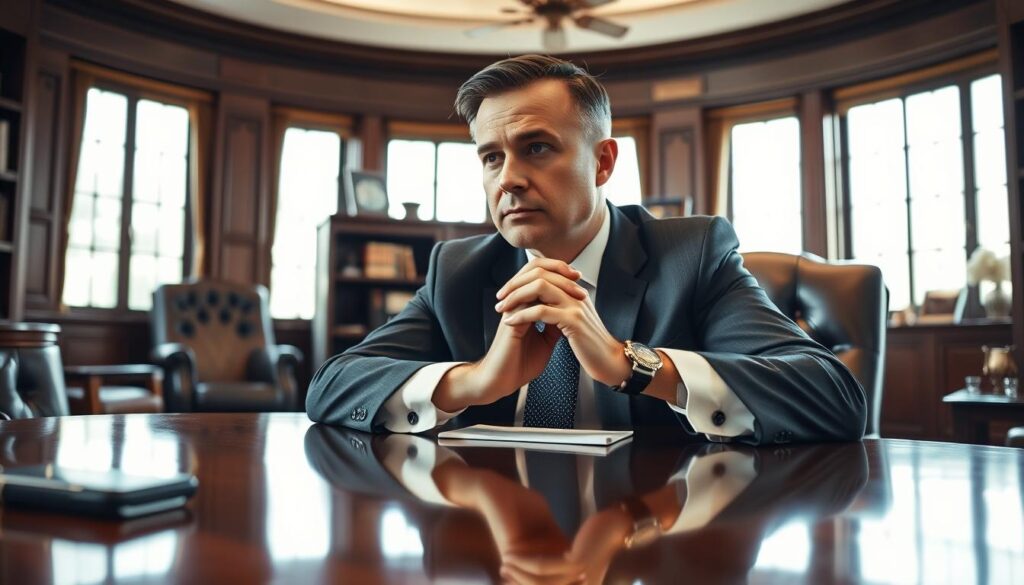 A professional executive sits at a polished mahogany desk, deep in thought. The office has floor-to-ceiling windows, flooding the space with soft, natural light. Leather chairs and bookshelves create an atmosphere of authority and negotiation. The executive's hands rest on the desk, fingers interlocked, conveying a sense of confidence and consideration. The pose suggests a moment of strategic planning, weighing options and anticipating the best approach for a high-stakes career discussion. The overall mood is one of measured poise, reflecting the careful navigation of a specialized skillset during a pivotal employment transition.