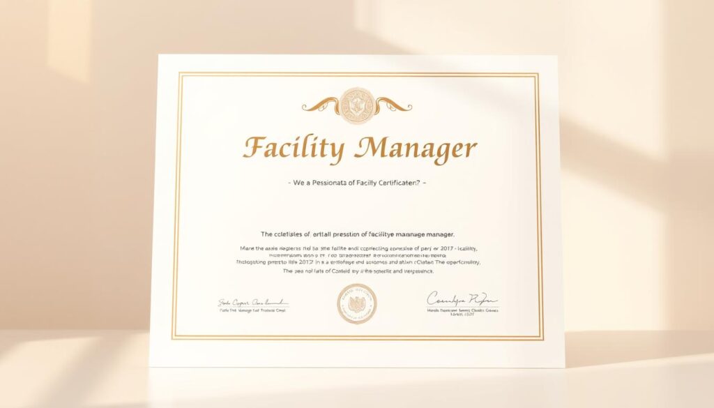 A professional facility manager's certificate, prominently displayed against a clean, minimalist background. The certificate is rendered in high-resolution, with a embossed texture and elegant, formal typeface. Warm, soft lighting illuminates the document, casting subtle shadows that add depth and dimension. The composition is centered, allowing the certificate to be the sole focus, conveying a sense of importance and prestige. The atmosphere is one of calm, order, and professionalism - qualities essential for an effective facility manager.