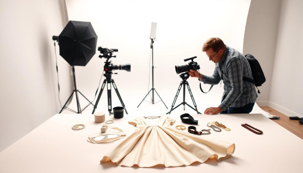 A professional fashion photographer meticulously arranges their equipment on a studio table. Soft, diffused lighting illuminates an elegant dress and accessories laid out in the foreground. In the middle ground, a reflector and other camera gear stand ready. The background features a seamless white backdrop, creating a clean, minimalist setting. The overall mood is one of focused preparation, as the photographer plans the perfect shot to capture the essence of high-fashion design.