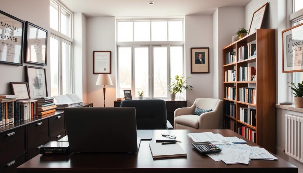 A professional financial planner's office, flooded with natural light from large windows. On the desk, a laptop, financial documents, and a calculator - tools of the trade. Shelves lining the walls display books on personal finance, investment strategies, and retirement planning. Framed diplomas and certifications hang proudly, showcasing the planner's expertise. A comfortable armchair invites clients to discuss their financial goals in a warm, welcoming atmosphere. The room has a sense of order and professionalism, reflecting the meticulous nature of the work. Soft, indirect lighting creates a calming ambiance, encouraging thoughtful discussions about securing one's financial future.