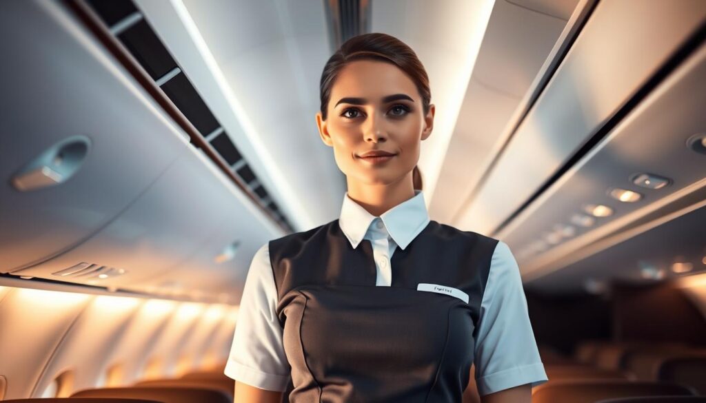 A professional flight attendant standing in the cabin of a commercial aircraft, wearing a crisp uniform and exuding confidence. The cabin is bathed in warm, soft lighting, creating a serene and welcoming atmosphere. The attendant's posture is upright, their gaze focused and attentive, conveying the skills required to provide exceptional customer service and ensure passenger safety. The background blurs slightly, emphasizing the attendant as the central focus, a symbol of the expertise and dedication necessary for the role of a flight attendant.