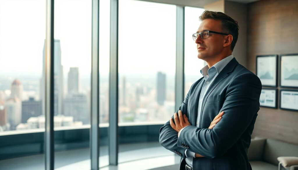 A professional fund manager standing confidently in a sleek, modern office, gazing out a floor-to-ceiling window overlooking a bustling cityscape. Soft, warm lighting illuminates their face, conveying a sense of focus and determination. The background is a blend of muted tones, with minimalist decor and a few framed financial charts, reflecting the analytical nature of their work. The manager's posture exudes a sense of pride and satisfaction, capturing the fulfillment and purpose they derive from their role in guiding investments and shaping financial futures.