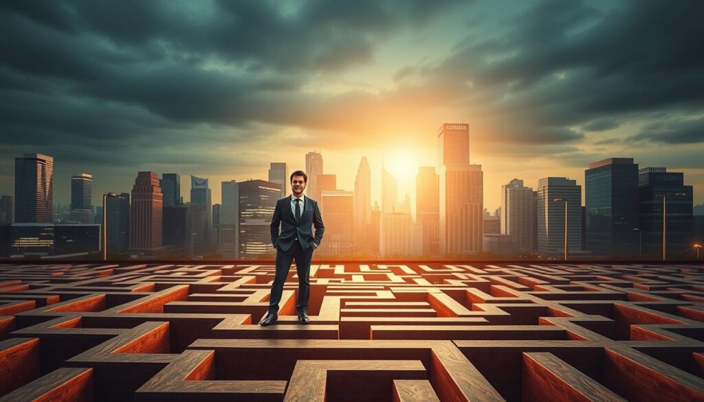 A professional fund manager's career path, showcased in a detailed and visually striking image. The foreground depicts a well-dressed individual in a business suit, confidently navigating a maze-like structure representing the various milestones and challenges faced throughout their career. The middle ground features a cityscape backdrop, with skyscrapers and financial institutions symbolizing the corporate landscape in which they operate. The background is illuminated by a warm, golden light, conveying a sense of growth, success, and the fulfillment of their professional aspirations. The scene is captured with a cinematic, wide-angle lens, emphasizing the grandeur and significance of the fund manager's journey. The overall mood is one of determination, achievement, and the pursuit of financial expertise.