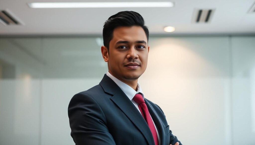 A professional fundraiser in a smart business suit, standing confidently in an office setting. The lighting is bright and focused, highlighting their determined expression and strong posture. Behind them, a modern corporate backdrop with clean lines and subtle patterns, conveying a sense of professionalism and attention to detail. The image conveys the subject's expertise, dedication, and strategic mindset - the embodiment of a successful fundraiser adept at securing financial resources to drive organizational growth and impact.