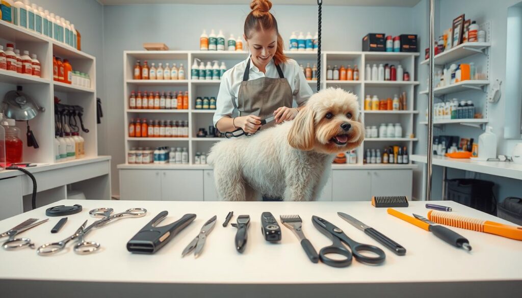 A professional groomer stands in a well-lit, airy salon, surrounded by various grooming tools and supplies. The foreground showcases an array of specialized scissors, combs, brushes, and clippers, neatly arranged on a pristine work surface. In the middle ground, the groomer, dressed in a clean, apron-style uniform, is carefully trimming the fur of a fluffy, well-behaved dog, their movements precise and gentle. In the background, shelves displaying a variety of shampoos, conditioners, and other grooming products create a sense of a well-equipped, organized workspace. The overall atmosphere conveys a combination of expertise, attention to detail, and a deep understanding of animal care.