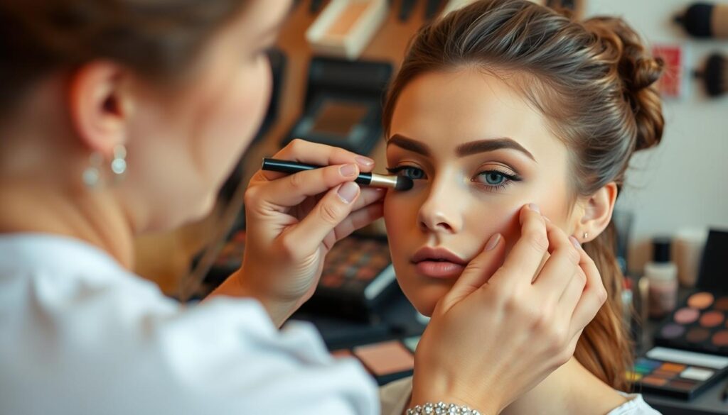 A professional hair and makeup artist at work, applying delicate strokes of foundation and blending eyeshadows with expert precision. The model's face is bathed in soft, directional lighting, accentuating the contours and highlighting the intricate details of the makeup. In the background, an array of makeup brushes, palettes, and tools are neatly organized, suggesting the breadth of the artist's skillset. The overall atmosphere is one of focused concentration and artistry, capturing the essence of the hair and makeup profession.